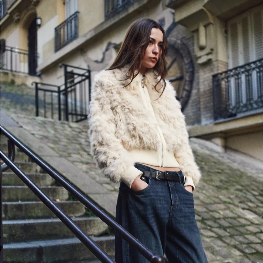 Zara Cream Faux Fur Bomber Jacket